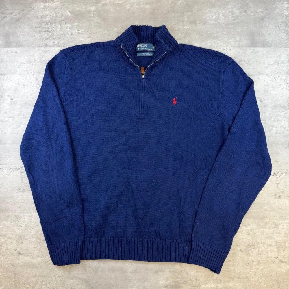 Polo Ralph Lauren Mens XL Navy Blue Cotton Quarter Zip Pullover Sweater